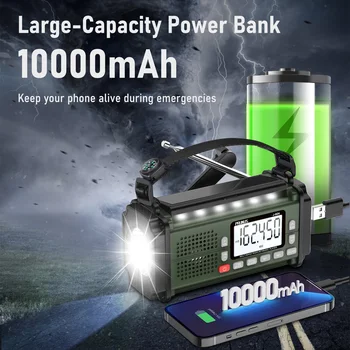 PRUNUS 924 10000mAh Hand Crank Radio, AAA Batteries Powered Emergency Radio Solar, NOAA Weather Radio AM/FM/SW Power Bank Light 6