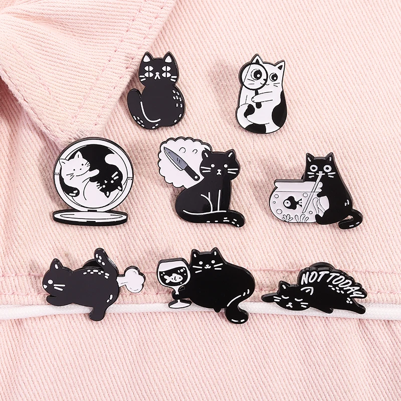 Süße schwarze Katze Sammlung Emaille Pin Punk große Augen Kätzchen Tier Brosche Revers Rucksack Abzeichen Schmuck Geschenke für Katzenliebhaber Freunde – Detail 5