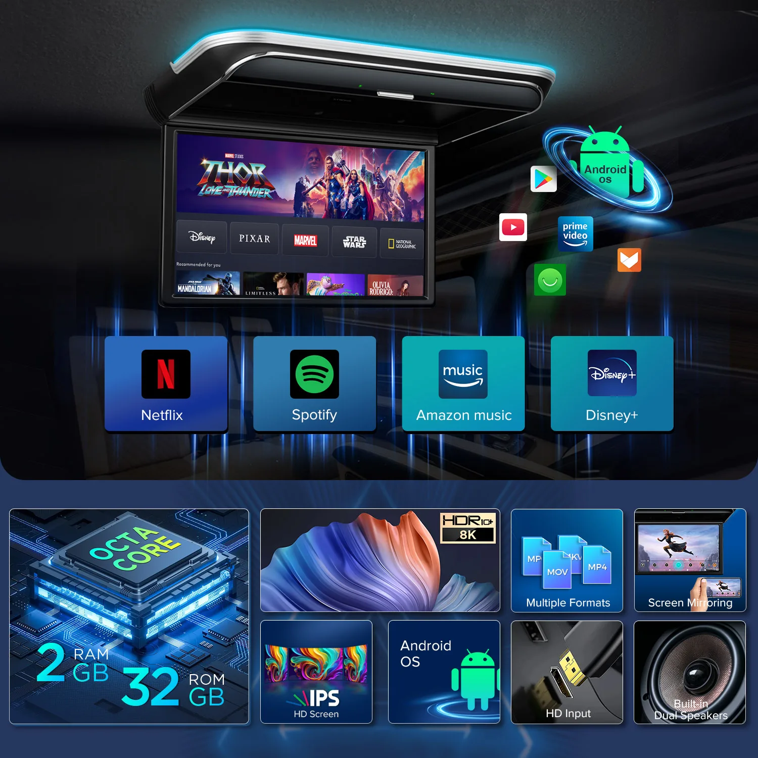 XTRONS 17.3" Android Monitor TV 1080P Video HD Digital IPS Wide Screen Ultra-thin Mounted Car Roof Player HDMI-Compatible FM USB