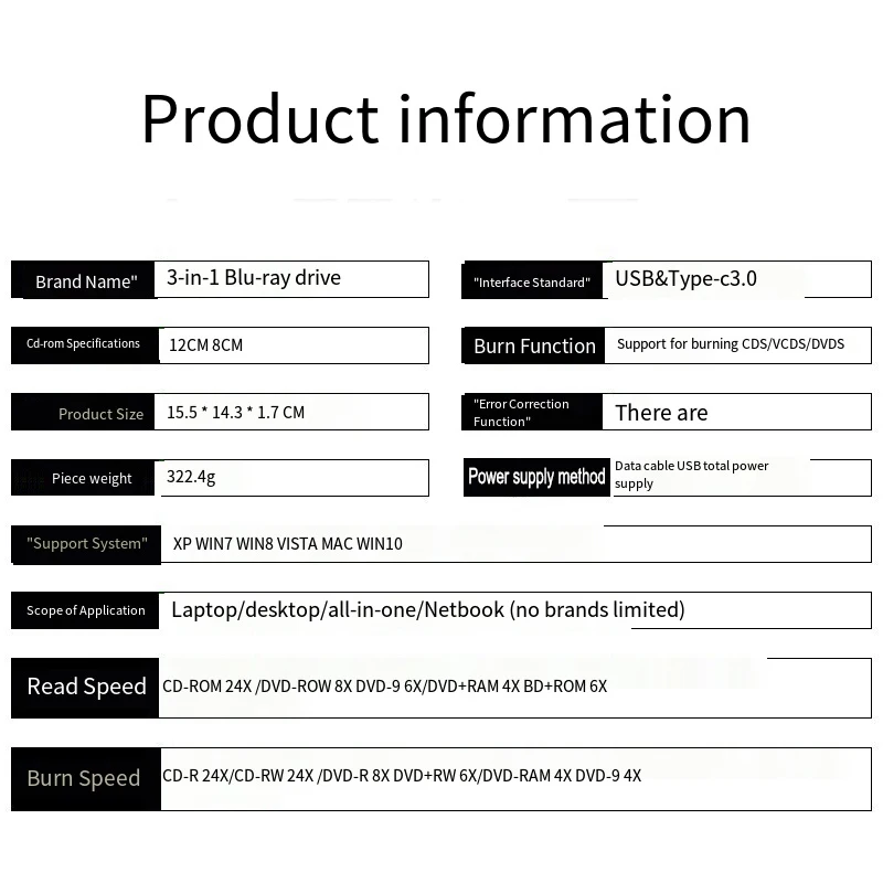 External Blu ray Drive, Portable Blu-ray Drive USB 3.0 and Type-C BD Player ,Read DVD 3D Multi functional plug-in BD-ROM