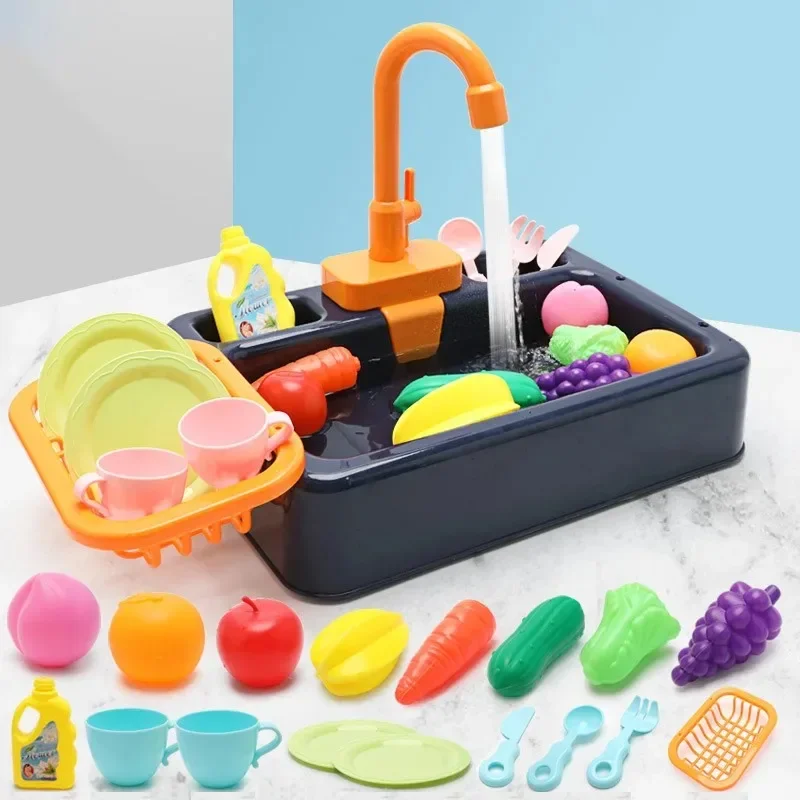 Kitchen Electric Wash Basin Sink Kit Kids Automatic Circulating Water Outlet Educational Cleaning House Toys Gift for Children
