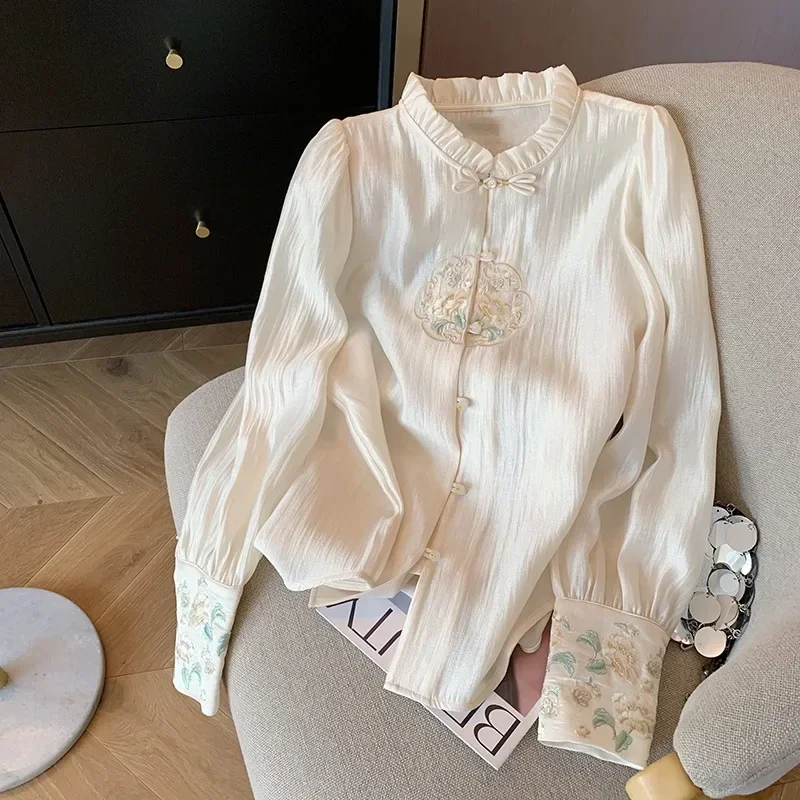 Satin Chinese Style Women's Shirt Embroidery Vintage Blouses Loose Long Sleeves Women Tops Silk Fashion Clothing 2024 Korean
