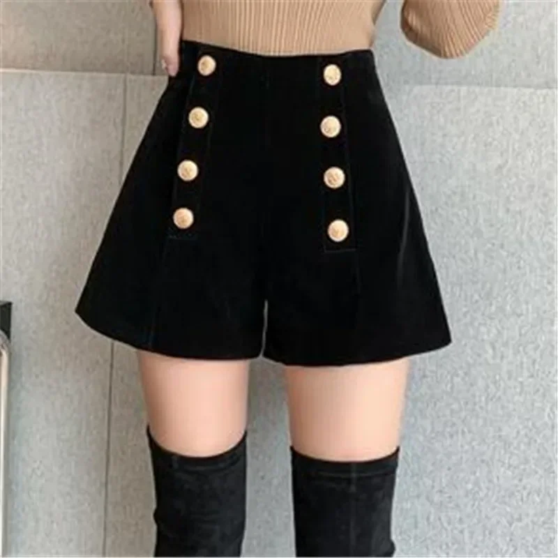 Autumn Winter High Waist Velvet Wide Leg Shorts Women Chic Double Breasted Short Pants Fashion Sexy Bottoms Casual Ropa Mujer