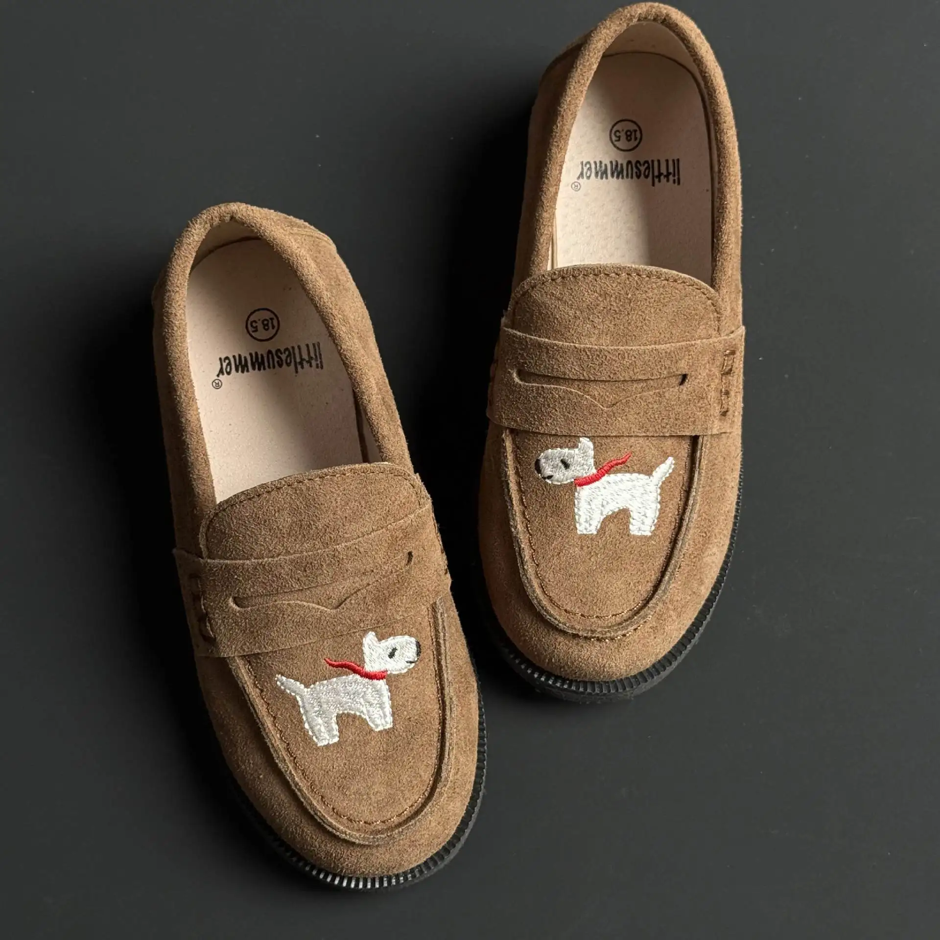 Genuine Leather Girls Leather Shoes Fashion Embroidery Puppy Cowhide Children's Loafers Spring Kids Boys School Shoes