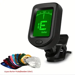 Universal Clip-On Guitar Tuner with 360° Rotatable Display & 10 Assorted Picks (Black)