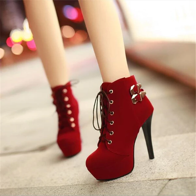 Women's Lace Up Platform Ankle Boots Heels Shoes Autumn and Winter