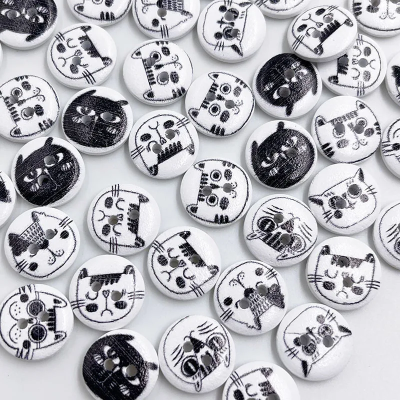 100Pcs white Cat Painted Wooden Buttons For Kid Clothing Sewing Scrapbooking Decoration DIY Needlework Button 15mm WB904 2
