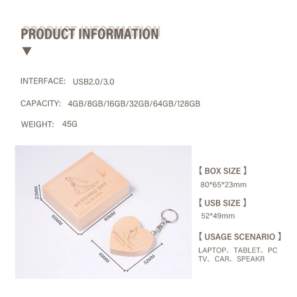 무료 맞춤 로고 USB 플래시 드라이브 128GB 웨딩 기념품 메모리 스틱 64GB 하트 모양 펜 드라이브 32GB 나무 상자 메모리 스틱 16G