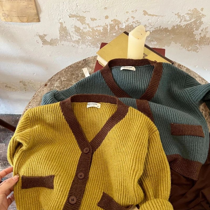 Children Sweater Boy Girl Contrast Knitted Cardigan Baby V-neck Sweater Coat Winter Baby Girl Cloth ملابس شتويه اطفال كنزة صوفية
