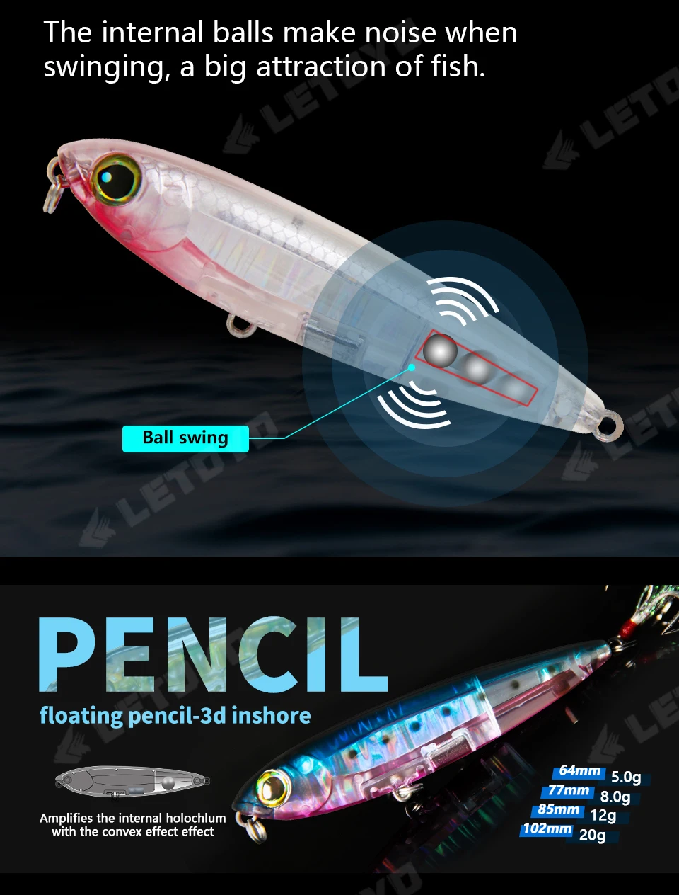 LETOYO 20g 12g-5g Laser Schwimmender Bleistift Topwater Walk The Dog Wobbler Köder Für Barsch Angelköder Künstliche Harte Köder – Detail 3