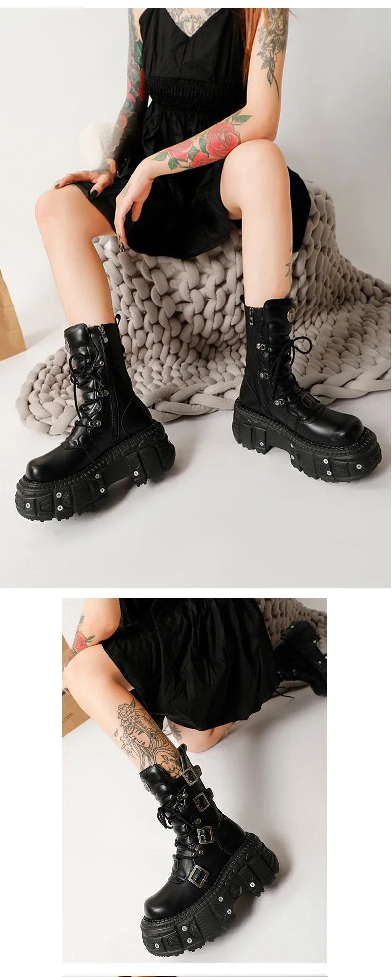 2024 New Punk Style Women Shoes Lace-up Platform Shoes Woman Rock Boots Metal Decor Thick Bottom Street Shot Knight