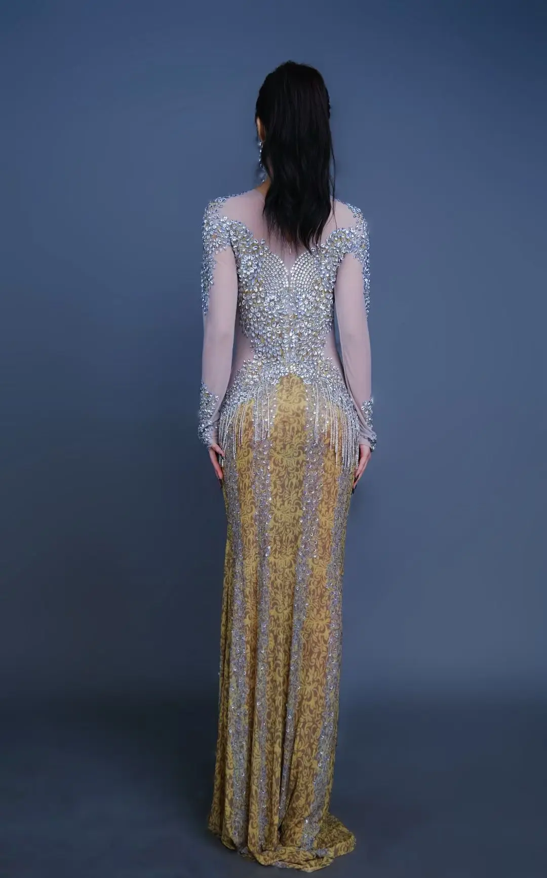 Luxury High-end Sheer Mesh Long Sleeves Evening Gown Sexy Elegant Women  Silver Rhinestone Tassel Sparkly Long Dresses Jinmai - AliExpress 200000345