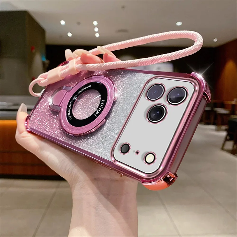 Magnetic Glitter Shockproof Phone Case with Lanyard Strap and Soft Cover