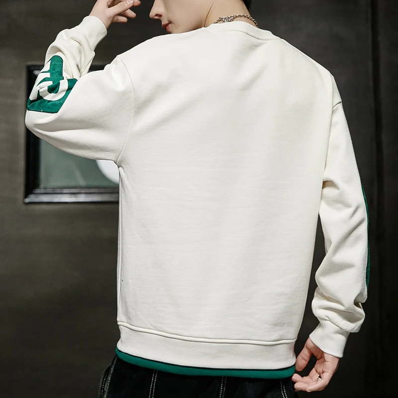 Men's Spring Autumn Solid Pullover Crew Neck with Printed Letters Long Sleeve Sports Hoodies Fashion Casual Loose Vintage Tops