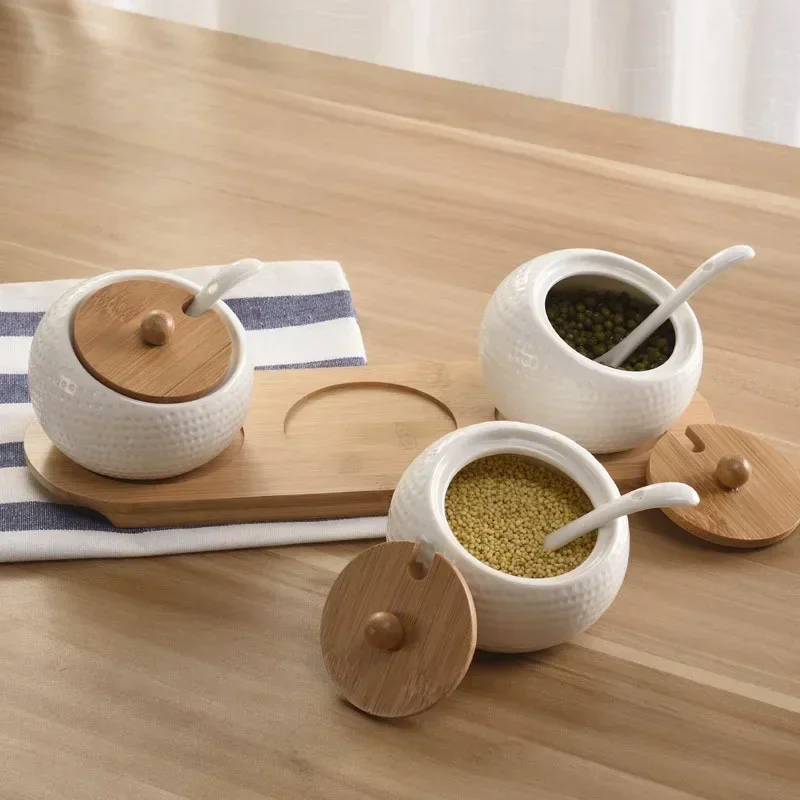 Spice Jar Seasoning Jar Ceramic Seasoning Jars with Spoon Wooden Lid Kitchen Supplies White Spice Organizer Canister Set Sugar Box Seasoning Organizer