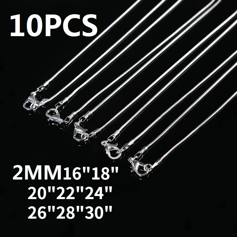 Y2K 10PCS 925 sterling Silver 2MM Snake Chain Necklace 16-30in Jewelry Bulk