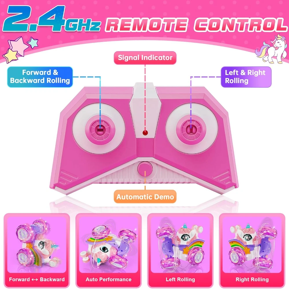 Unicorn Remote Control Car for Girls, RC Stunt Car with Cute Lights, 360° Rotating Double-Sided 4WD, Birthday Gift for Kids 3