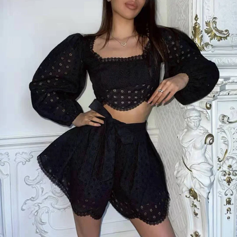 VGH White Casual Shorts Sets Female Square Collar Puff Long Sleeve Short Top High Waist Lace Up Short Loose Women's Suits Summer skirt and top co ord