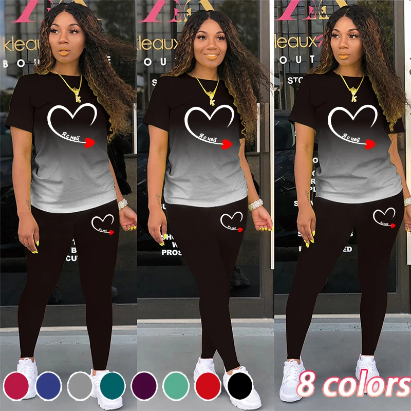 Summer Fashion Ladies Heart Printed Tshirt Pant Two Piece Set Gradient Tracksuit Women Sexy Outfits Set 2022 women sexy v neck tops and skinny pants set 2 two piece set elegant office ladies workwear outfits casual tracksuit