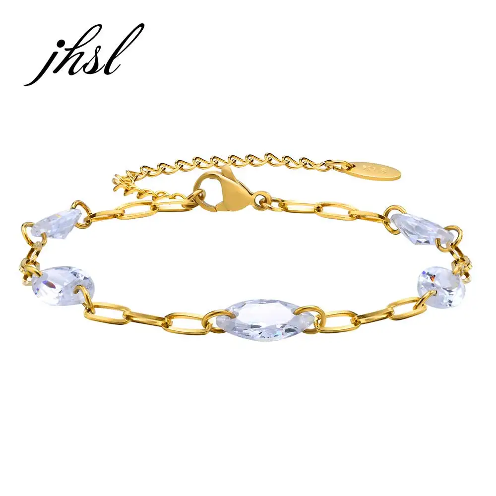 

JHSL Female Women Bracelets with White Cubic Zircon Hand Chain Bangles Fashion Jewelry Party Gift Gold Color Stainless Steel