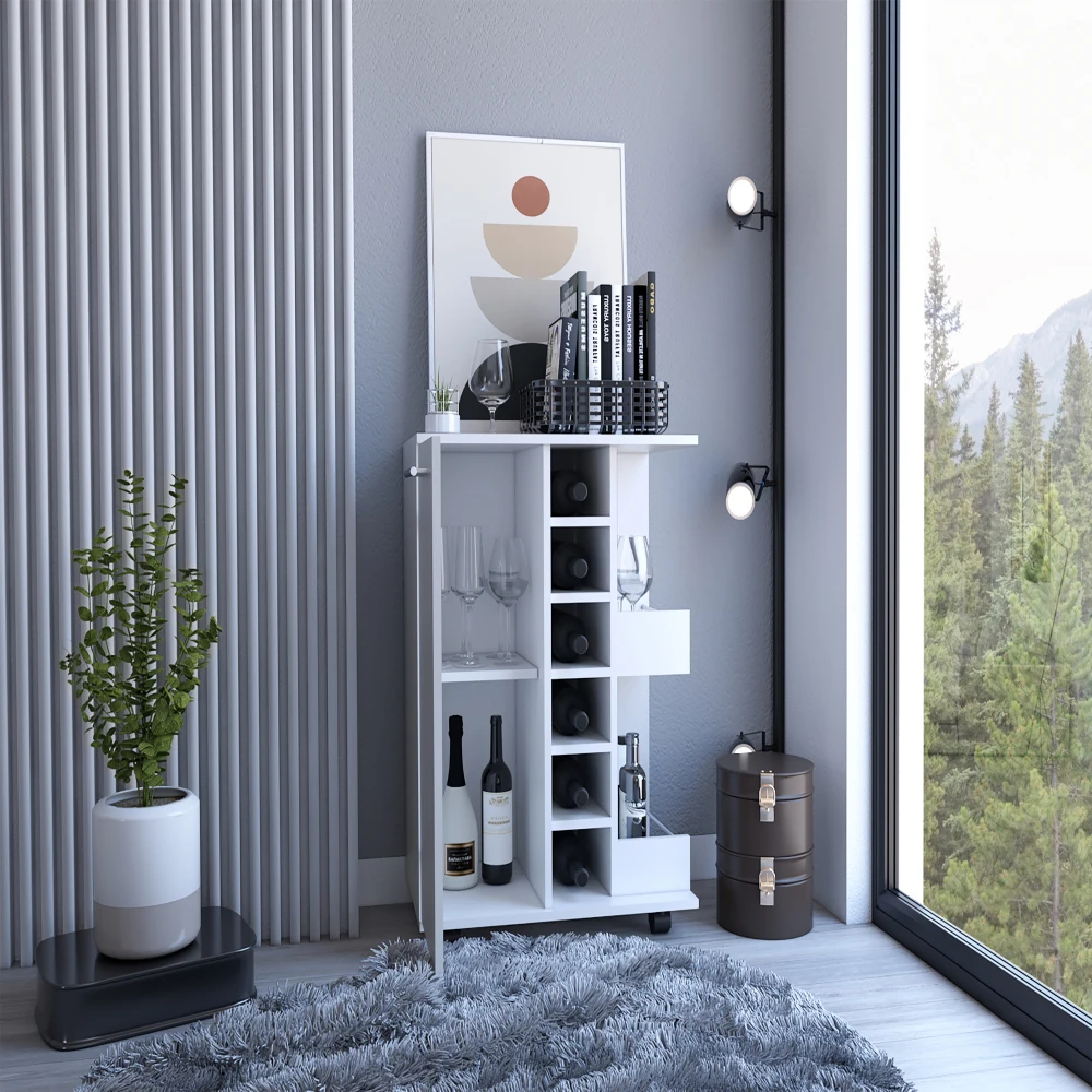 32" H White Bar-coffee Cart Cabinet Storage 4 Wheels 1 Divided Storage with 1 Shelf, Fold Ing Door A Central Vertical Division