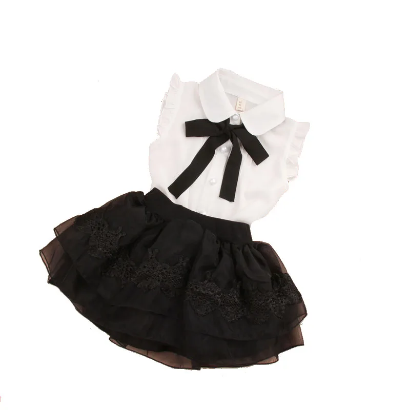 Girls Summer Top Children Sleeveless White Blouses Black Bow Shirts for Teenage School Girl Chiffon Lace Blouse 2-16 Years