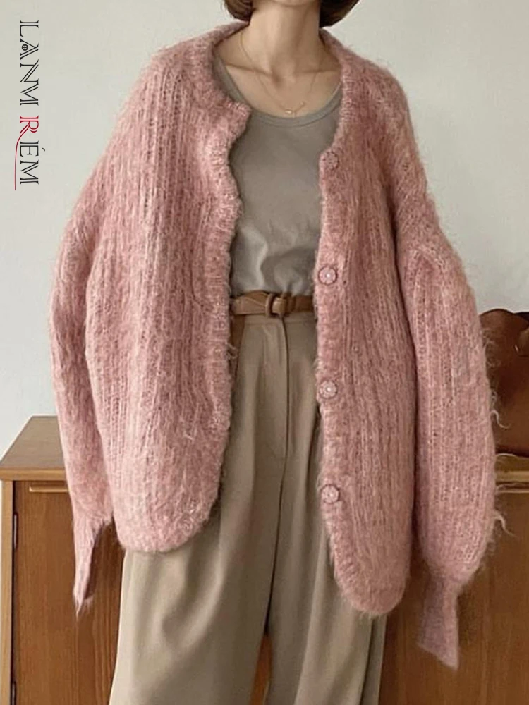 

LANMREM Korean Style Knitted Sweater Coat Women Round Neck Single Breasted Solid Color Loose Clothing 2023 Winter New 2AA2735