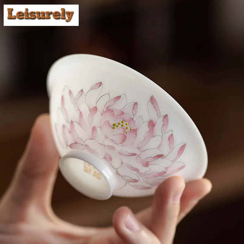 90ml Hand-painted Lotus Bamboo Hat Thin Tire Teacup Luxury Tea Bowl Mug Tea-tasting Meditation Cup Jianzhan Master Cups For Tea