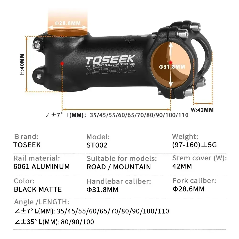 7 Degree bicycle stem 28.6mm 31.8mm MTB Road Bike Table 35-110mm Negative Bicycle Power Lightweight Mountain Bike Stem