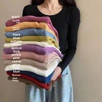 Women's Knitted Base Shirt Spring Low Neck round Neck Spring Autumn Versatile Thin Long Sleeve Knitted Top Fashionable Inner Wea