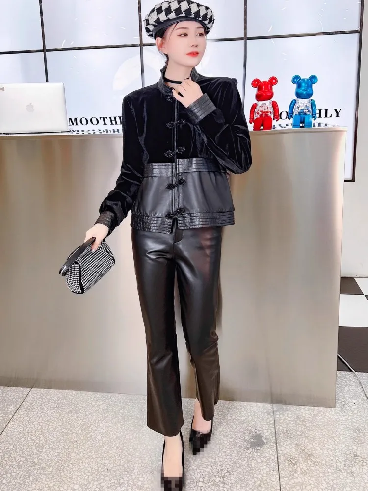 New Spring Ladies Sheepskin Short Coat Retro Design Stand Collar Patchwork Women Velvet Genuine Leather Jacket Casual Outerwear