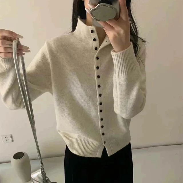 New Soft Comfortable Stand-Up Collar Sweater Cardigan Women Simple Single Breasted Cardigans Coat Autumn Solid Knitted Outerwear