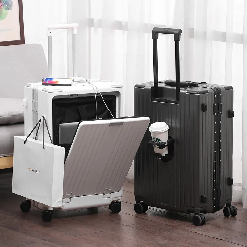 aluminium luggage，boarding bag durable aluminum suitcase，luggage covers，Front opening with USB for charging，20 inch carrier