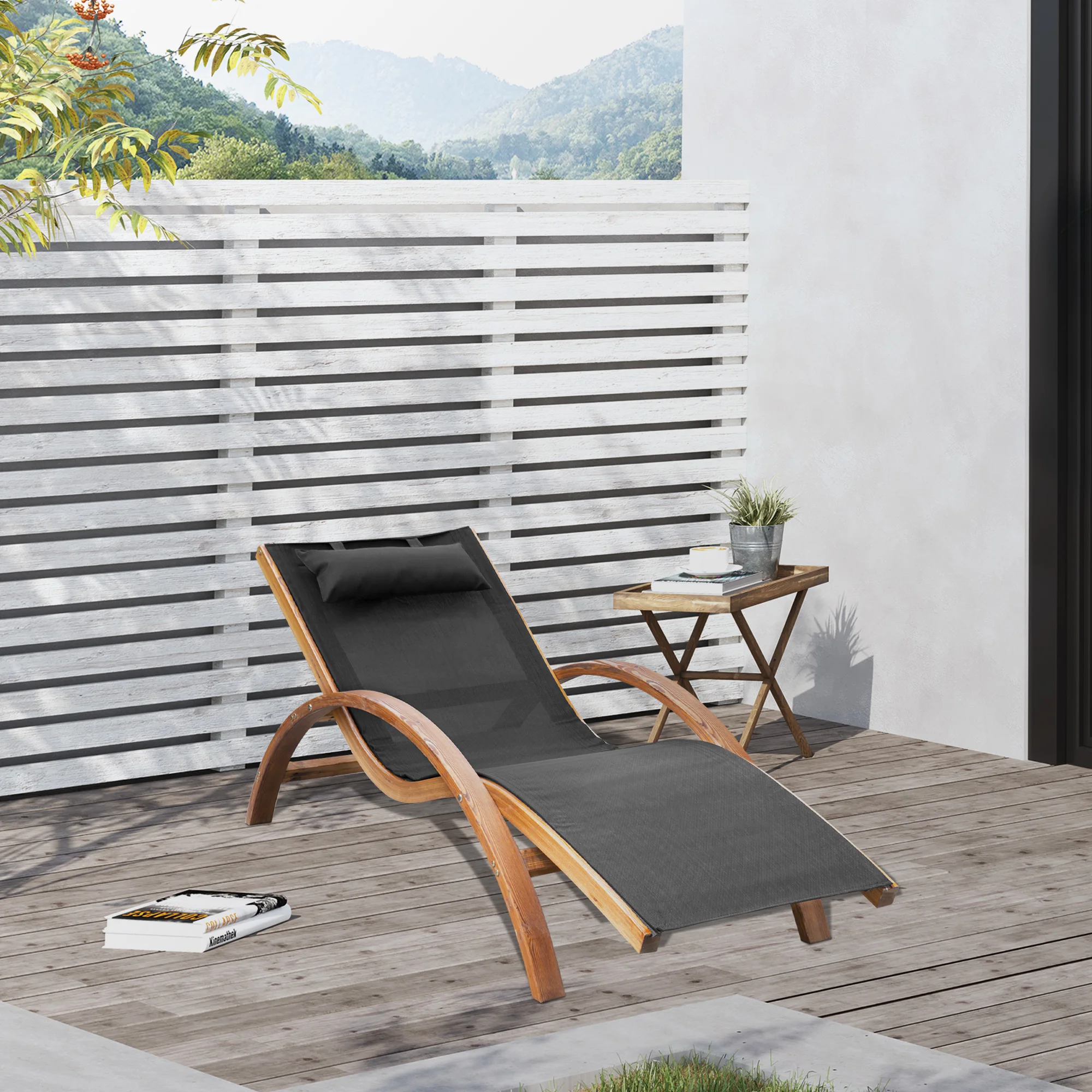 Patio Mesh Wood Recliner Chaise Lounge Chair Lounger W/ Cushion - Black 2