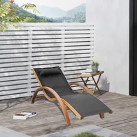 Patio Mesh Wood Recliner Chaise Lounge Chair Lounger W/ Cushion - Black 2