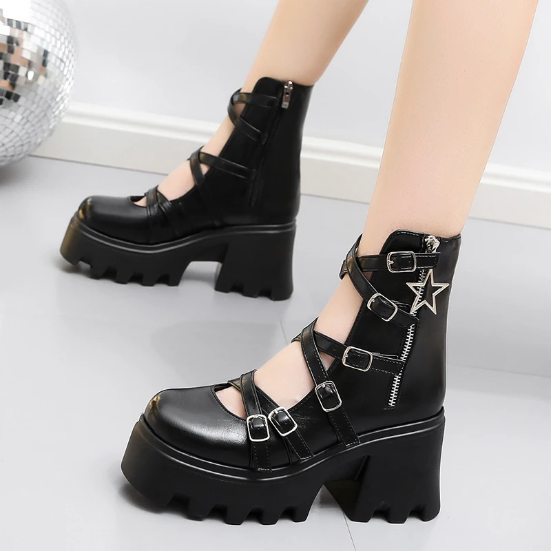 

9CM Belt Buckle White Boots Hollow Out Breathable Summer New Thick-soled Thick-heeled Sweet Cool Mary Jane Leather Shoes Women