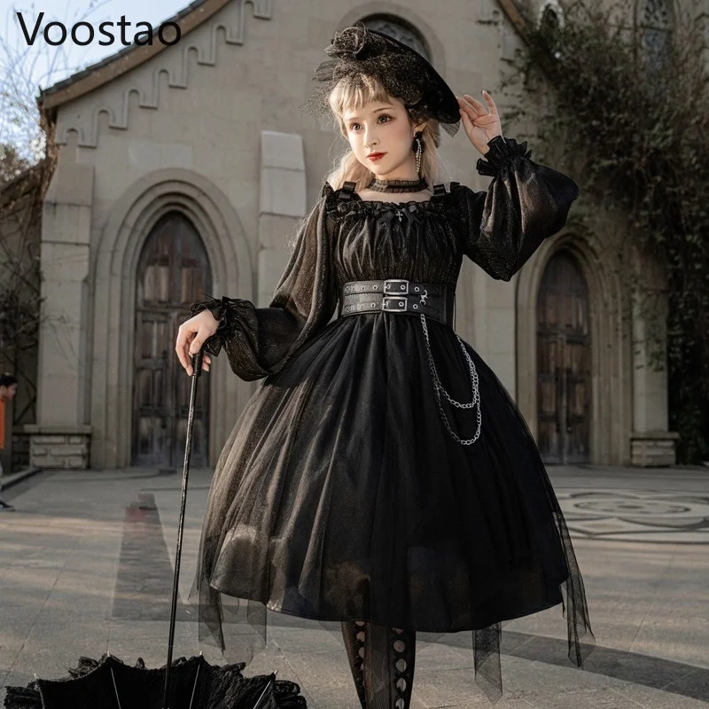 Vintage Gothic Lolita Dress Victorian Harajuku Girly Killer Irregular Mesh Dress Cosplay Women Kawaii Long Sleeve Party Dresses