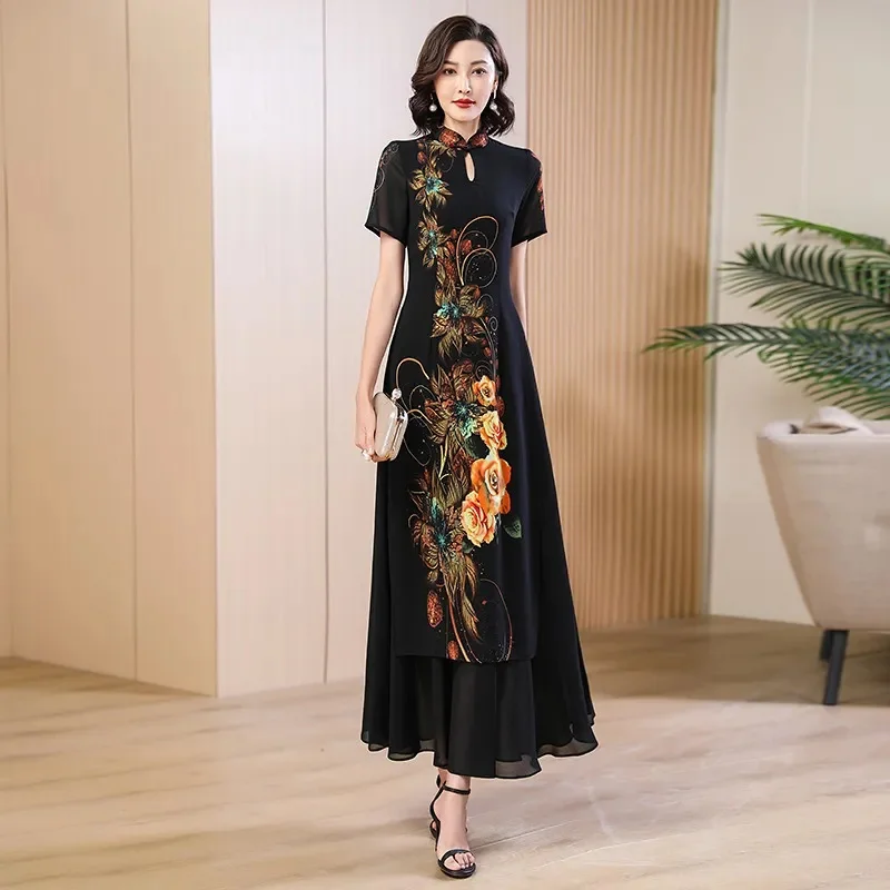 

High End Black Printed Chiffon Dress Women Summer Dresses 2024 New Fashionable Middle-aged Female Long Dress Loose 4XL Vestidos