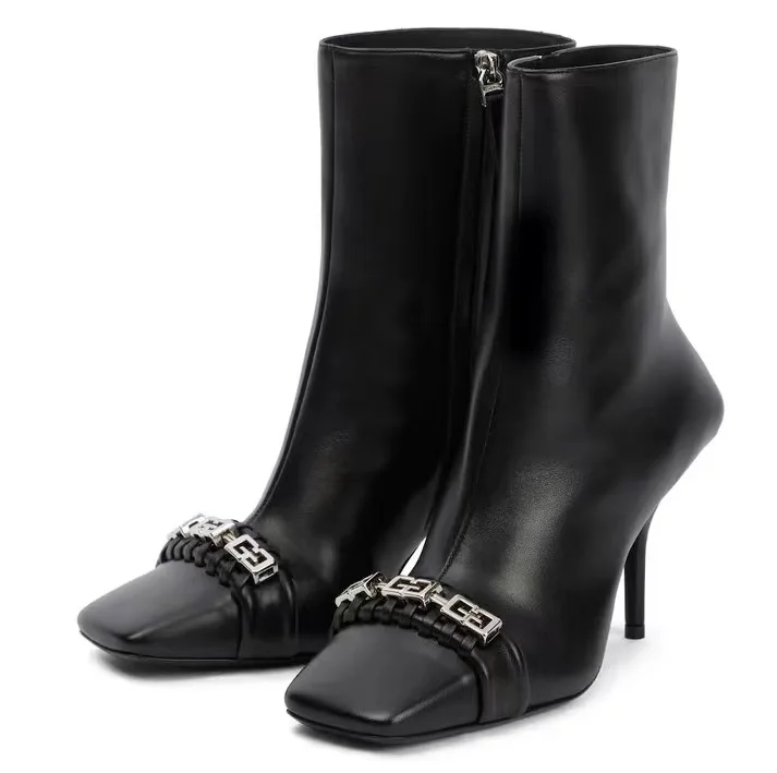 럭셔리 Chaussure Femme 체인 컴뱃 부츠 여성용, 디자이너 발목 부츠, 바이커 슬립온, 포인트 토, 두꺼운 발 뒤꿈치