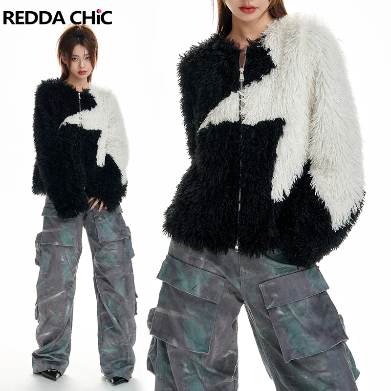 

ReddaChic Star Fluffy Lambswool Quilted Coat Women Contrasting Stitch Zip-up Oversize Plush Jacket Winter Retro Y2k Streetwear