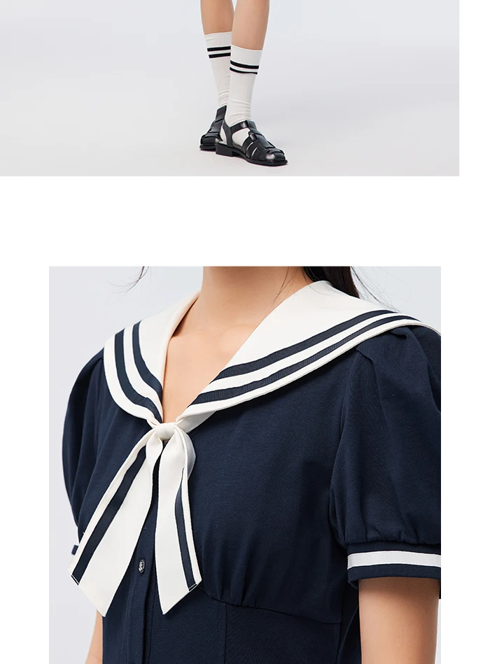 Vestido de verano para mujer, con mangas abullonadas, dulce, nuevo, con temperamento en contraste, cuello azul marino, vestido de primer amor, estilo academia.