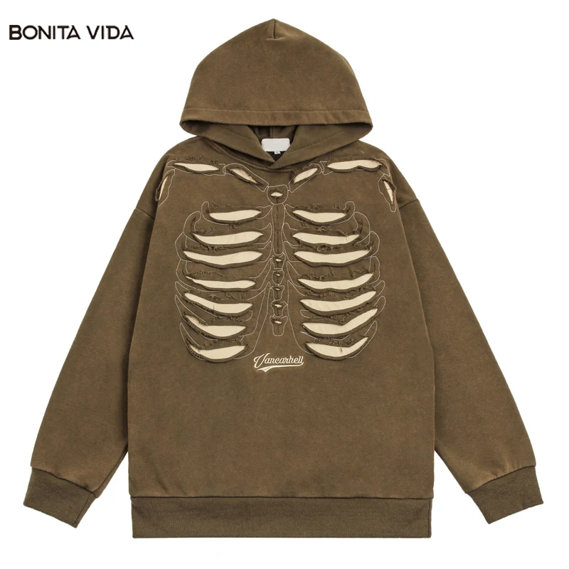 

Vintage Men Hoodie Streetwear Hip Hop Embroidery Skull Skeleton Bone Washed Hooded Sweatshirt 2023 Men Punk Goth Loose Hoodies