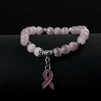 5 Color Breast Cancer Awareness Pink Ribbon Charm Bracelet 5 Color Cat Eye Opal 8mm Beads Bracelets & Bangles 1