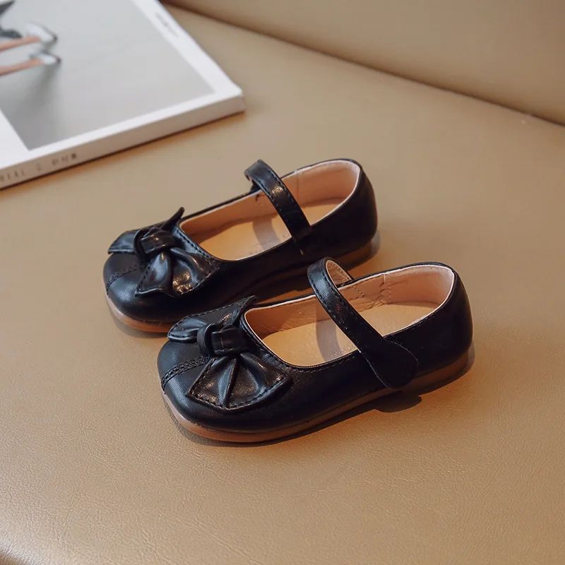 Girls' Flat Shoes Korean Style Kids Causal Princess Leather Shoes Fashion Versatile Children's Walking Solid Color Bowtie