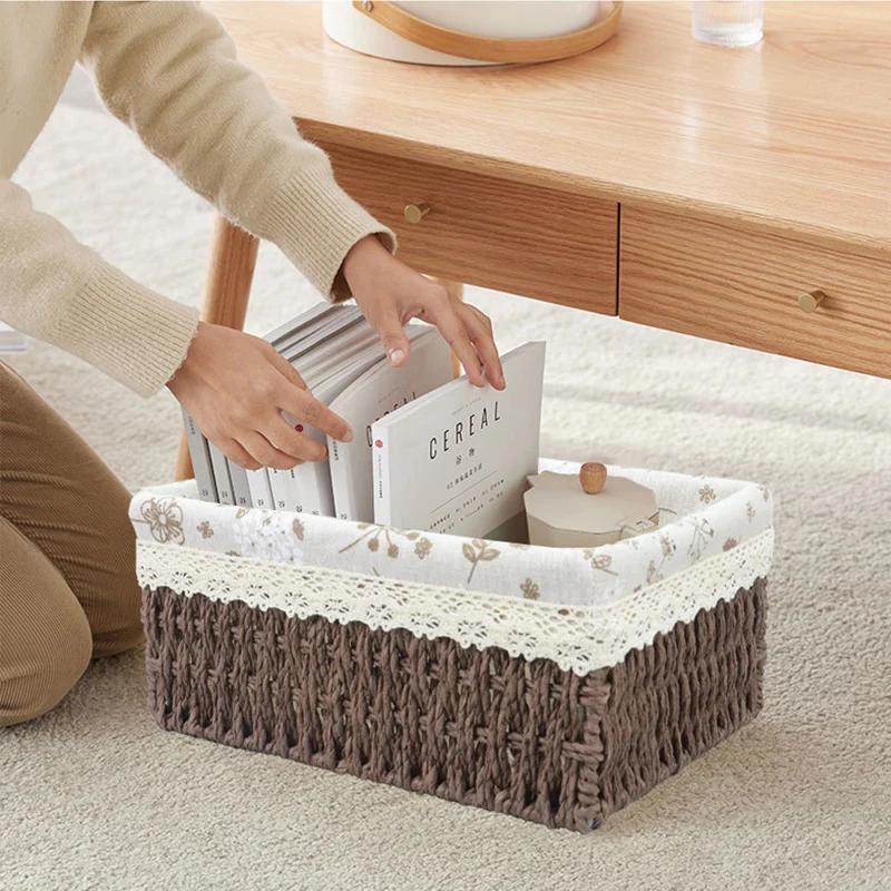 S M L Woven Storage Basket Handmade Rattan Storage Box with Removable Floral Liner Home Decoration Sundries Organizer 4