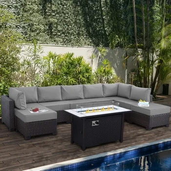 Wicker Patio Furniture Set with Cushions & Gas Fire Pit Table 1
