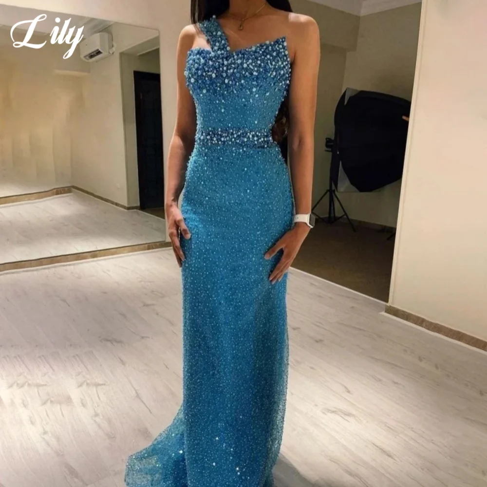 Lily bleu magnifique strass robes de bal une épaule sans manches robe de soirée perles paillettes sirène robes de soirée personnalisé