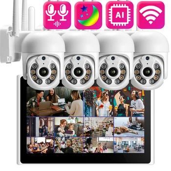 AZISHN 10CH 와이파이 10.1 인치 스크린, NVR 와이파이 PTZ 카메라 시스템, 휴머노이드 추적, 3MP 감시, 가정 보안, 양방향 오디오
