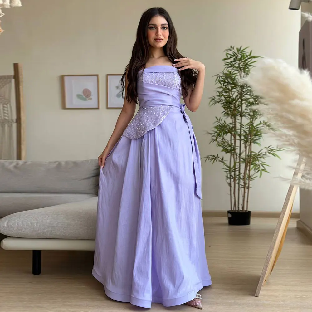 

Lavender Evening Dress A-Line Dubai Strapless Draped Sequin Floor Length Prom Gown Zipper Saudi Arabian Vestidos Para Mujer Gala