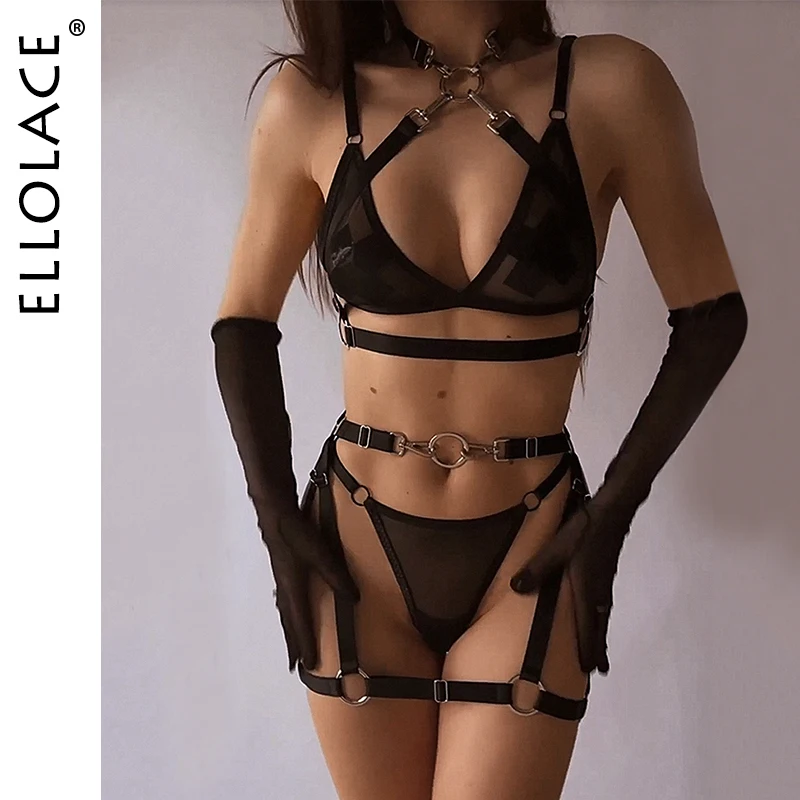

Ellolace Sensual Lingerie Halter Cross Bra And Panty Set Transparent Lace Fancy Underwear 4-Piece Sheer Black Erotic Intimate